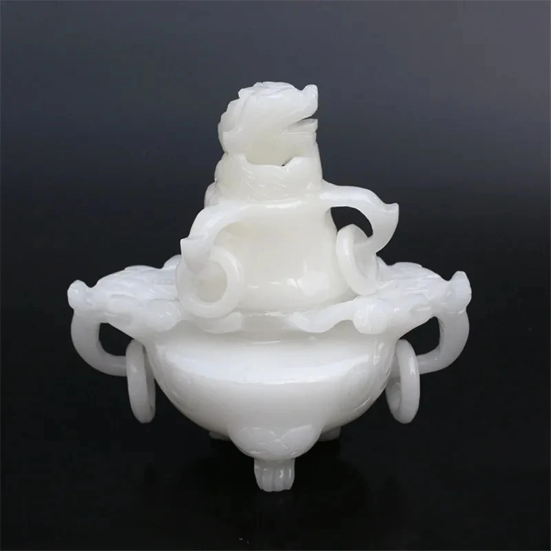 

Natural White Jade Incense Burner Jade Ring Ding Incense Burner Panlong Hollow Tripod Incense Burner