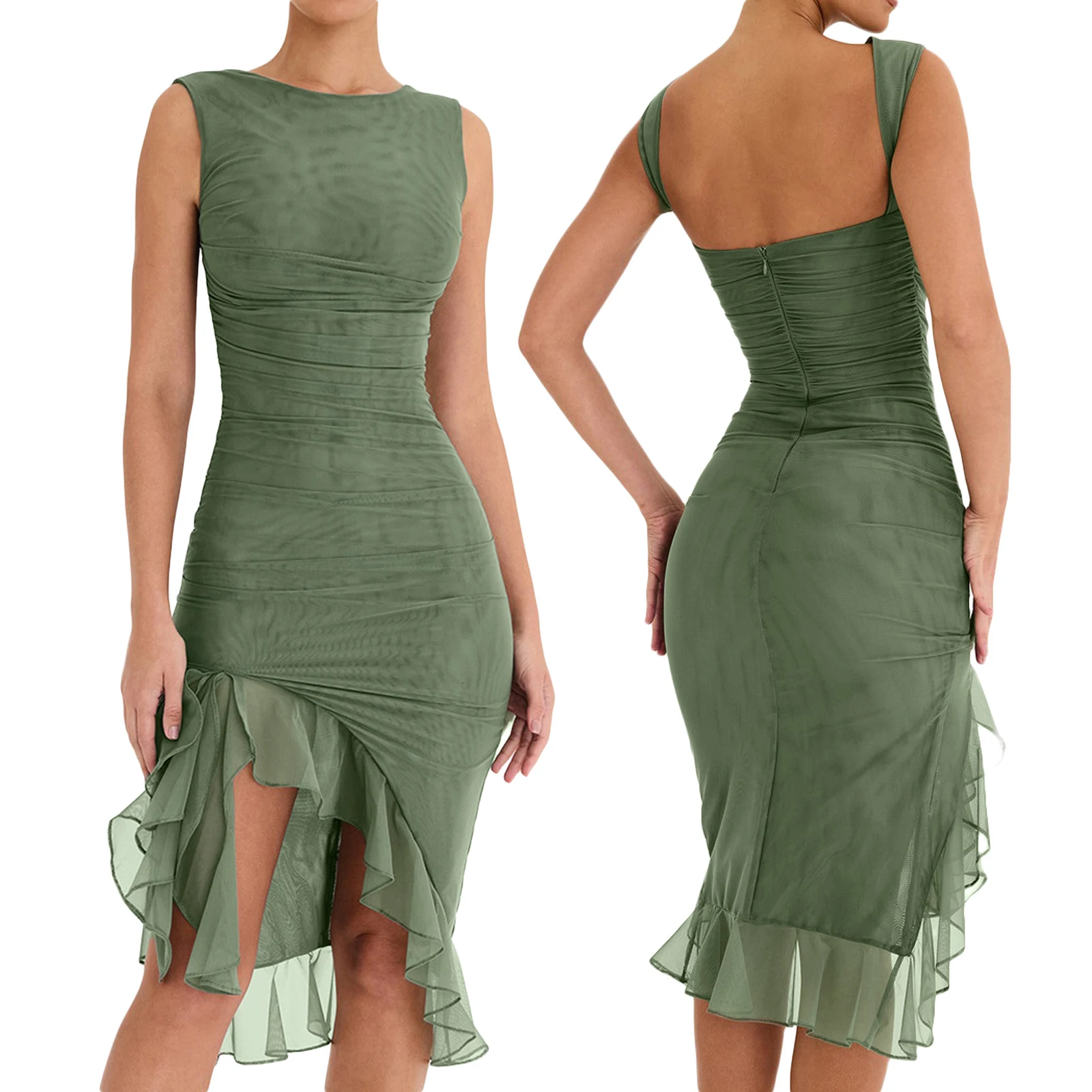 

HEZIOWYUN Women Sexy Sleeveless Bodycon Midi Dress Solid Color Backless Mesh Ruffled Mermaid Vestido for Party Club Streetwear