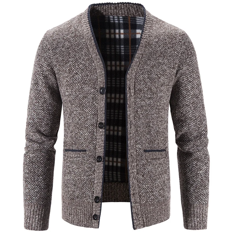 Men's Knit Cardigan Autumn Winter Sweater Coat Man Clothes Brown Blue Luxury Brand Button Fleece Lined Male Knitting Jackets