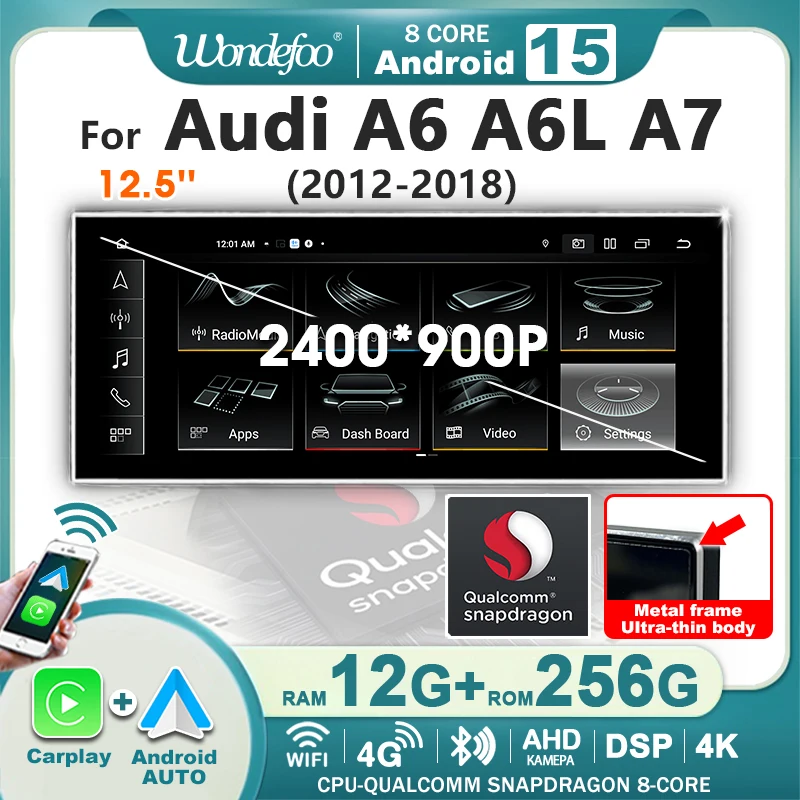 Radio para Auto con Pantalla Táctil Ultrafina QLED de 12.5'' Snapdragon 8-CORE 2400*900, Android 15, Carplay Inalámbrico, GPS para Audi A6 C7 A7 2012~2018, Reproductor Multimedia Estéreo 2 DIN, Bluetooth, WIFI, 4G LTE 1