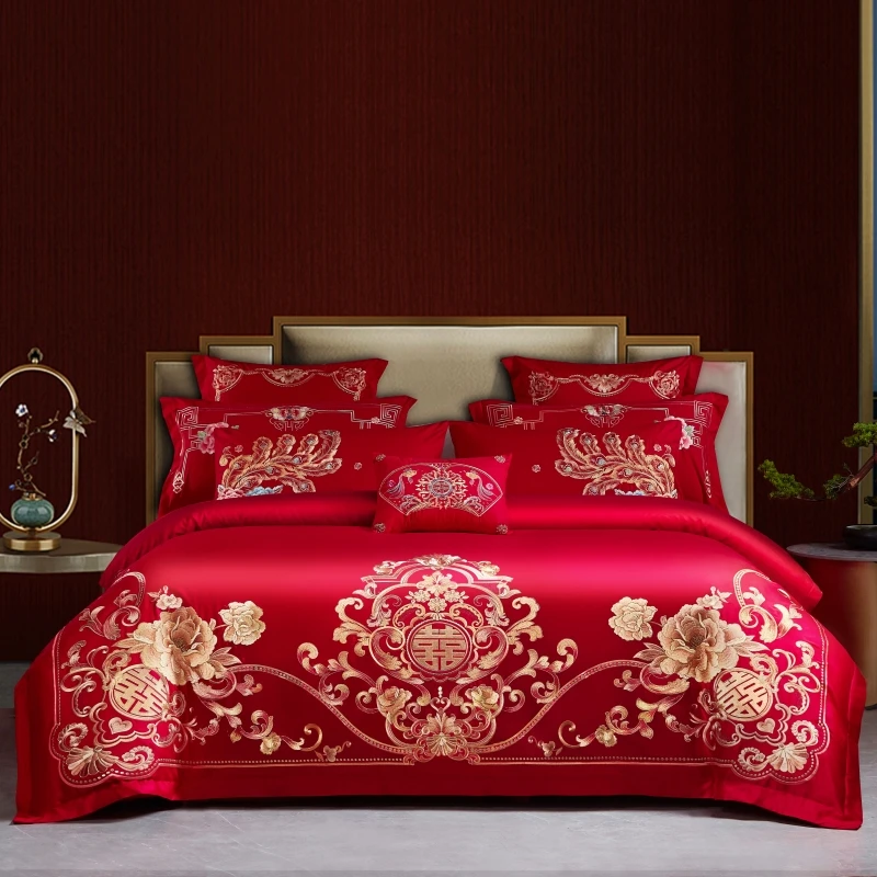 

Роскошный комплект постельного белья с золотыми цветами и вышивкой в китайском свадебном стиле принцесса красный пододеяльник простыня