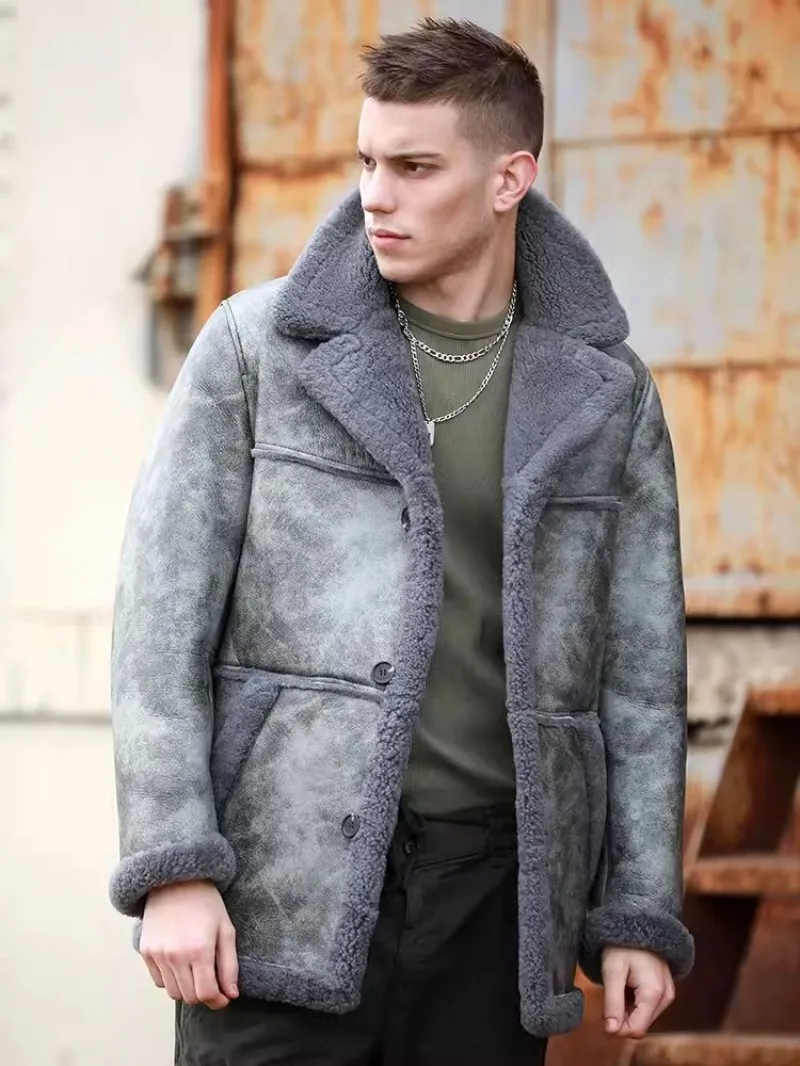 Winter Thick Warm Mens Real Fur Pilot Jacket Original Eco Middle Long Street Motorcycle Overcoat Genuine Leather Shearling Coat