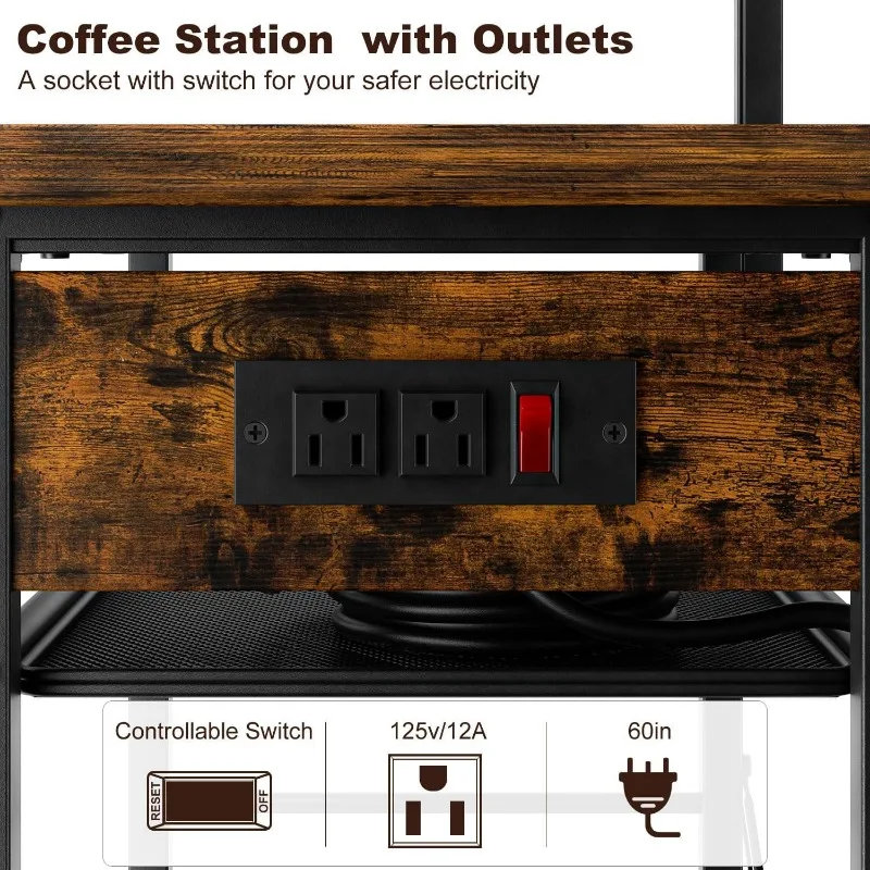 5 Tier Coffee Bar Station with Power Outlets,Bakers Rack for Small Space,Large Storage Space Coffee Cart with 4 Hooks 3