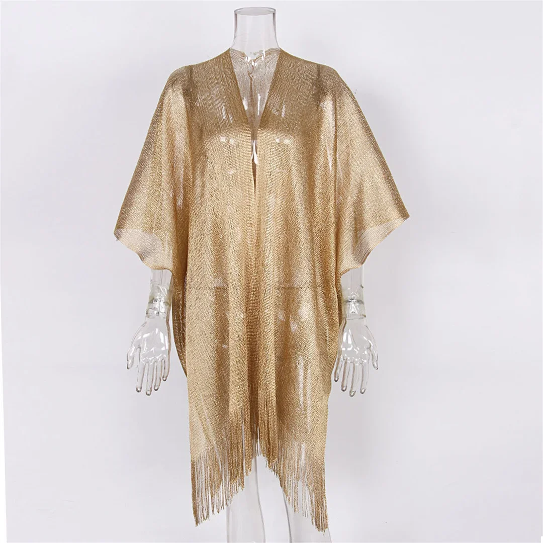 Sexy Fringe Tassel Mesh Sheer Shiny Knitted Tunic Beach Cover Up Cover-ups Beach Dress Beach Wear Beachwear Female Women