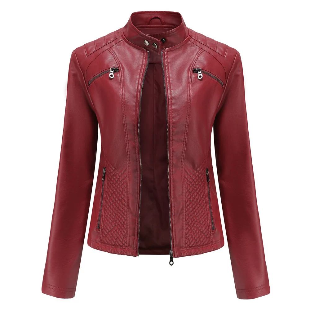 

New Women's Casual Leather Coat Stand Neck Jacket Slim Fit Coat Autumn Solid Women's Leather Jacket Pu Punk Motorcycle Wear