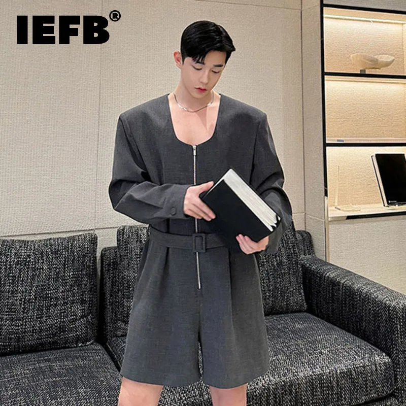 

Летний мужской комбинезон IEFB 2024, цельные мужские комбинезоны с поясом и низким воротником на молнии, индивидуальные мужские комбинезоны 9C5466