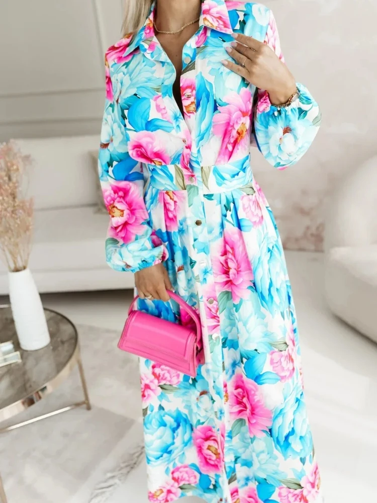 New Autumn Women's Fashion Printed Lapel Cardigan Women's Dress Elegant Shirt Style Lantern Sleeve Single-breasted Skirt