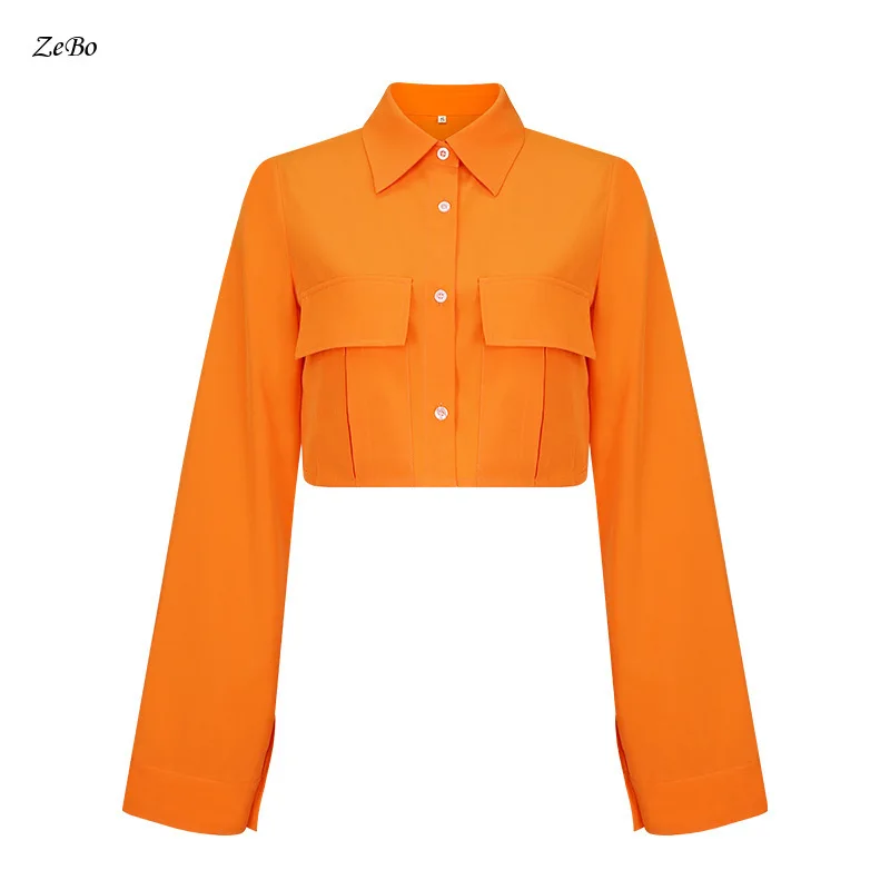 

Европейская и американская Осенняя новая рубашка модная однотонная с карманами короткий дизайн чувственный темпераментный приталенный Топ для женщин