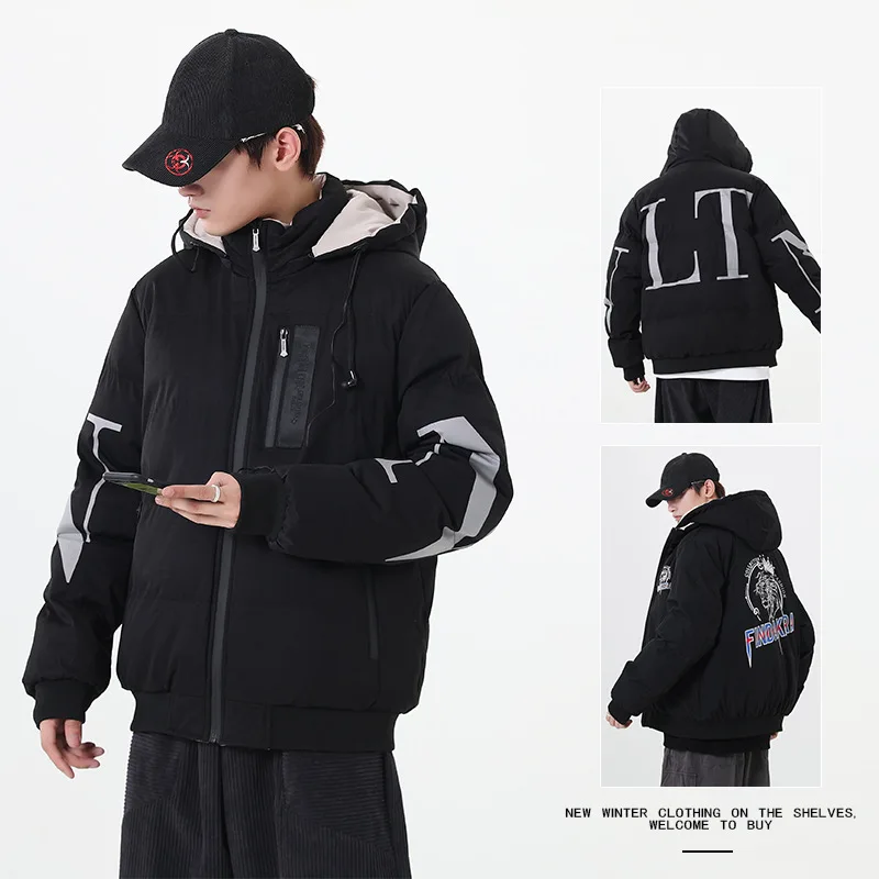 Mens Fashion Letter Print Double Sided Wearable Jacket 2022 Winter Thickened Warm Removable Hooded Padded Jackets Korean Clothes