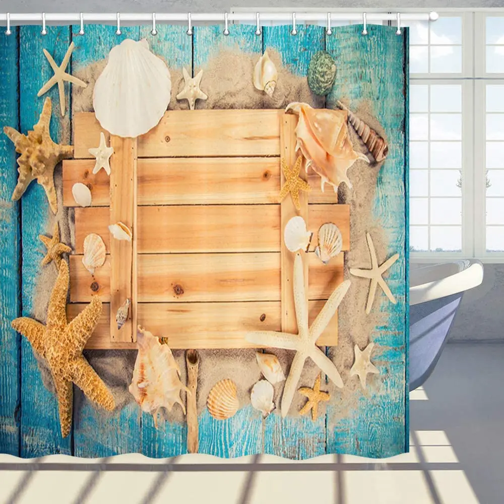 

Nautical Shower Curtain Ocean Blue Deck Shells and Starfish on Wooden Board Bathroom Polyester Fabric Bath Curtains with Hooks
