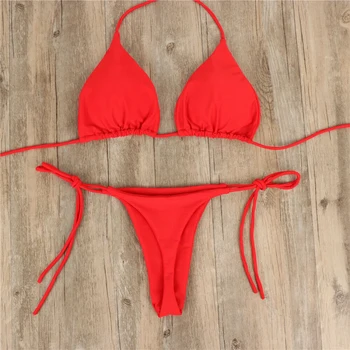 2Pcs Summer Women Bikini Set Side Tie Sexy Swimsuit Bandage Style Brazilian Swimwear Solid Color Swimming Bathing Suit 1