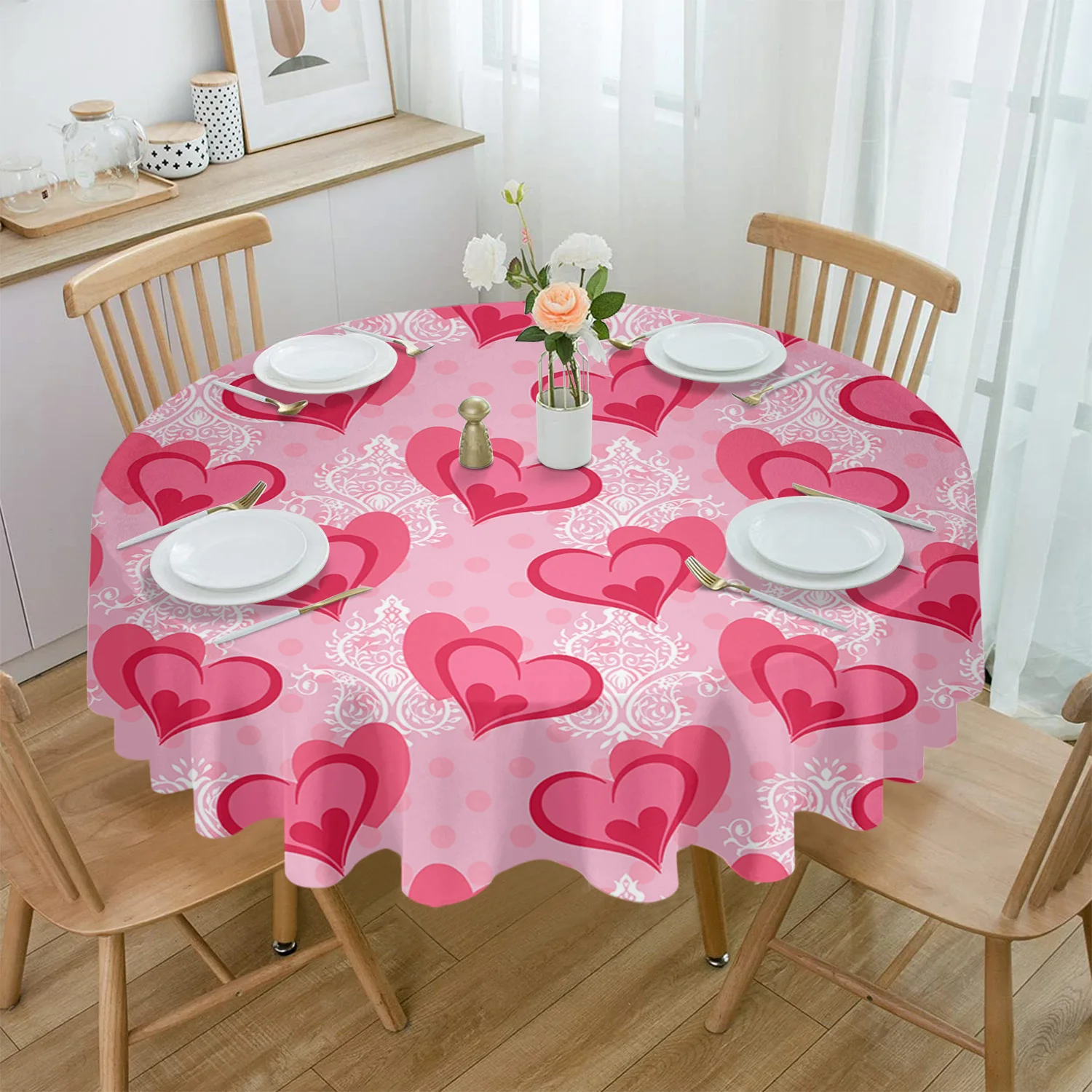 

Valentine'S Day Love Pink Dot Round Table Cloth Festival Dining Waterproof Tablecloth Table Cover for Wedding Party Decor