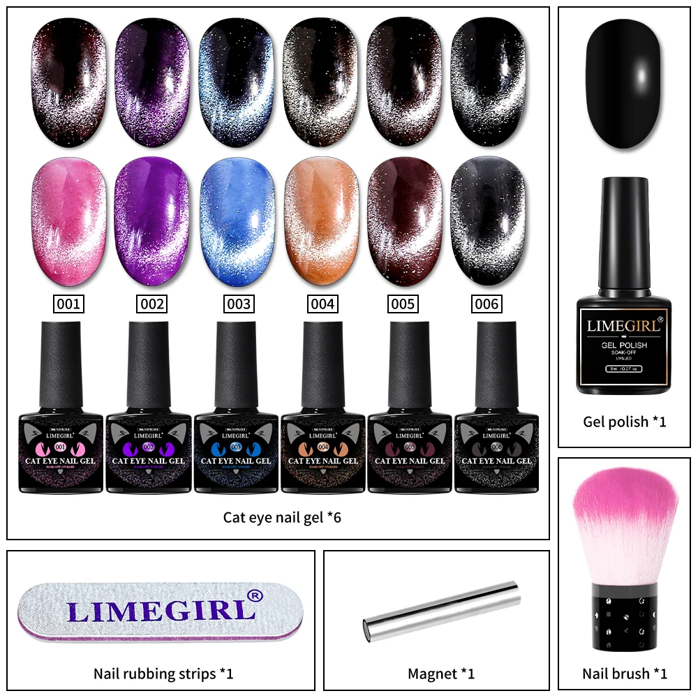 Limegirl 8ml Cat Eye Nail Gel Polish Set Shiny Magnetic Gel Polish Galaxy Chameleon Effect Nail Gel Soak Off Salon Manicure Kit 2