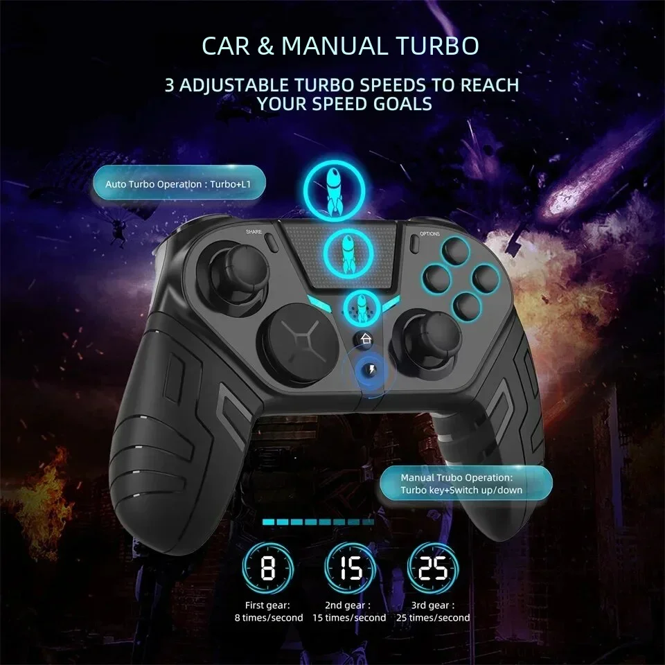 GAMINJA-mando inalámbrico de doble vibración, mando Bluetooth con función Turbo programable para PS4, consola PC, Joystick