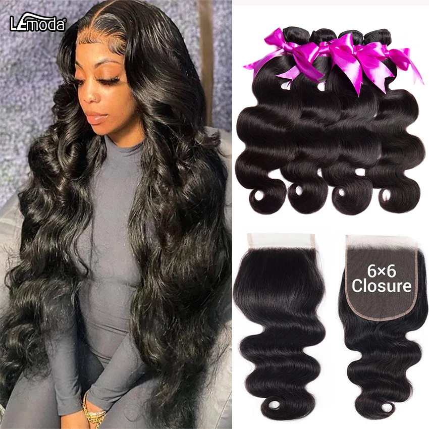 

6x6 Lace Closure With Body Wave Human Hair Bundles With 5x5 HD Lace Frontal Closure Brazilian Lemoda Remy Hair Weaving Extension