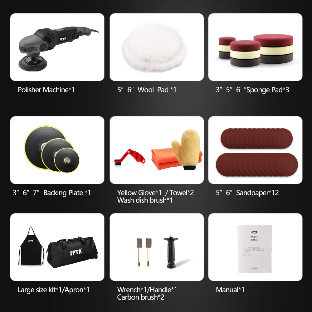 SPTA 5 Inch Rotary Buffer Polisher Electric Buffing Polishing Machine Polisher&Polishing Pads Set Auto Buffing and Polishing car polisher