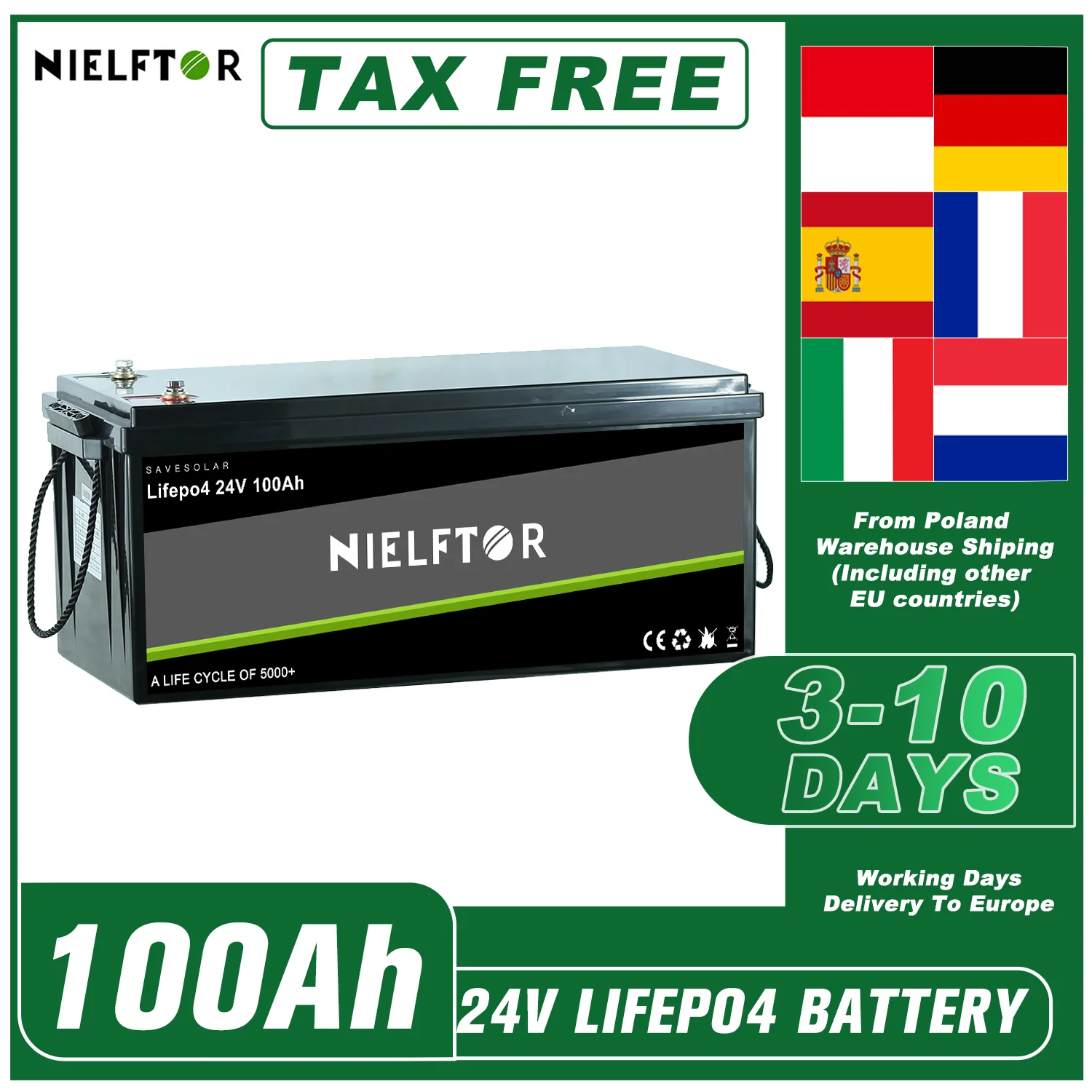 NIELFTOR LiFePO4 Battery Pack 12V 24V 48V 100Ah 200Ah 300Ah, Grade A 6000+ Cycles RV Golf Cart Boat Solar Lithium Battery EU Stock No Tax