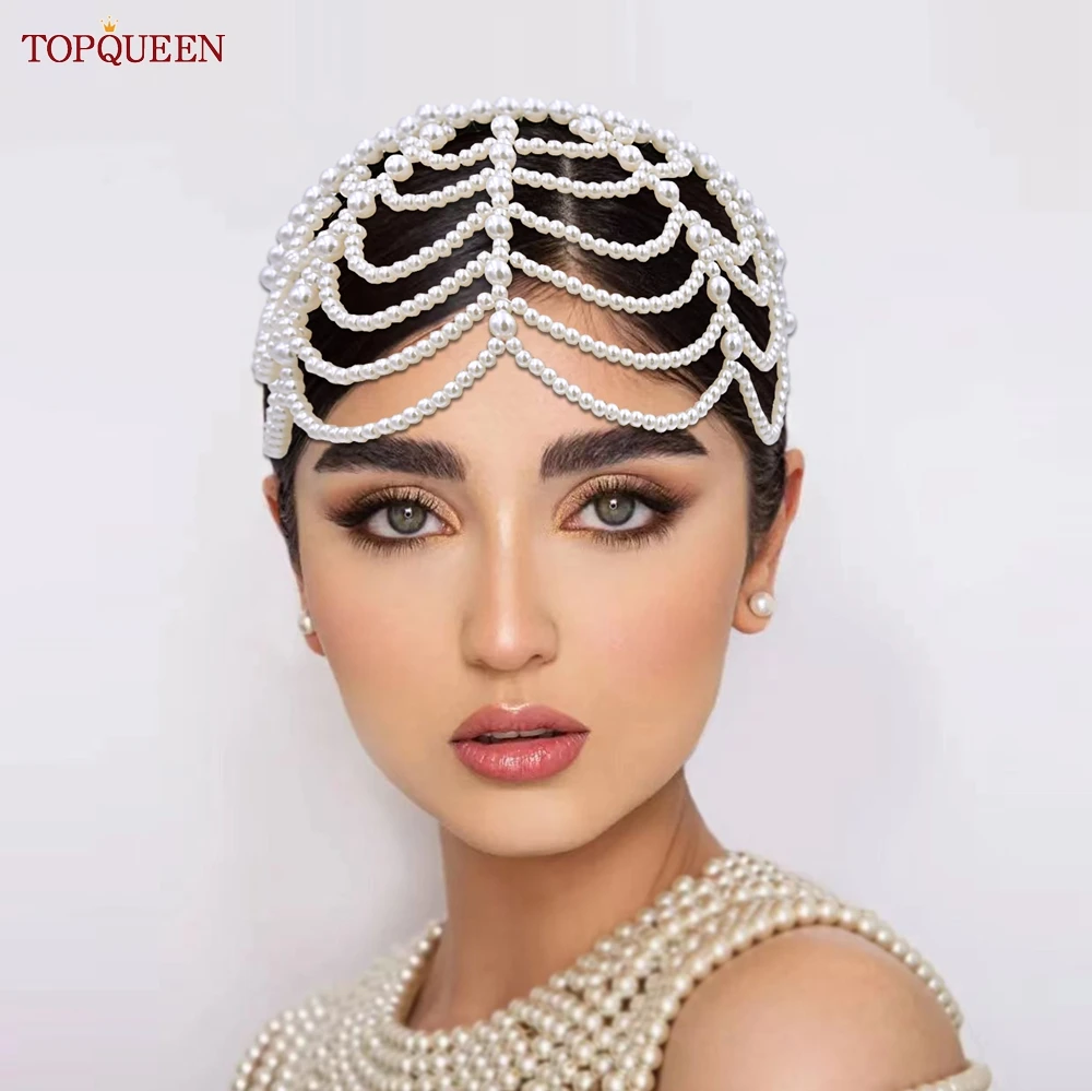 TOPQUEEN S101-D Handmade Wedding Headband Luxury Flower Pearl Baroque Headwear Jeweled and Diamonds Headpiece for Bridal Party