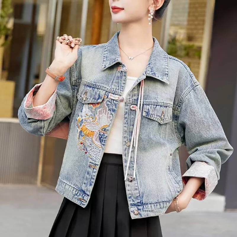 New 2024 Spring Women Denim Jacket And Coat Chinese Style Long Sleeve Embroidery Chinese Buttons Elegant Outwear Woman Jackets - Image 2