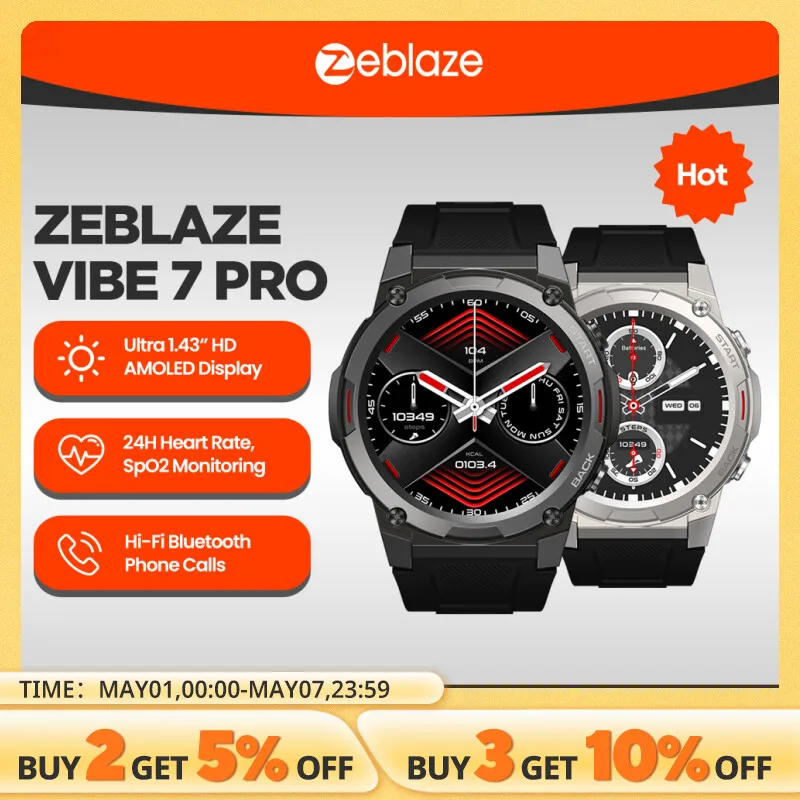 Zeblaze VIBE 7 PRO Voice Calling Smart Watch 1.43 Inch AMOLED Display Hi Fi Phone Calls Military Grade Toughness Watch