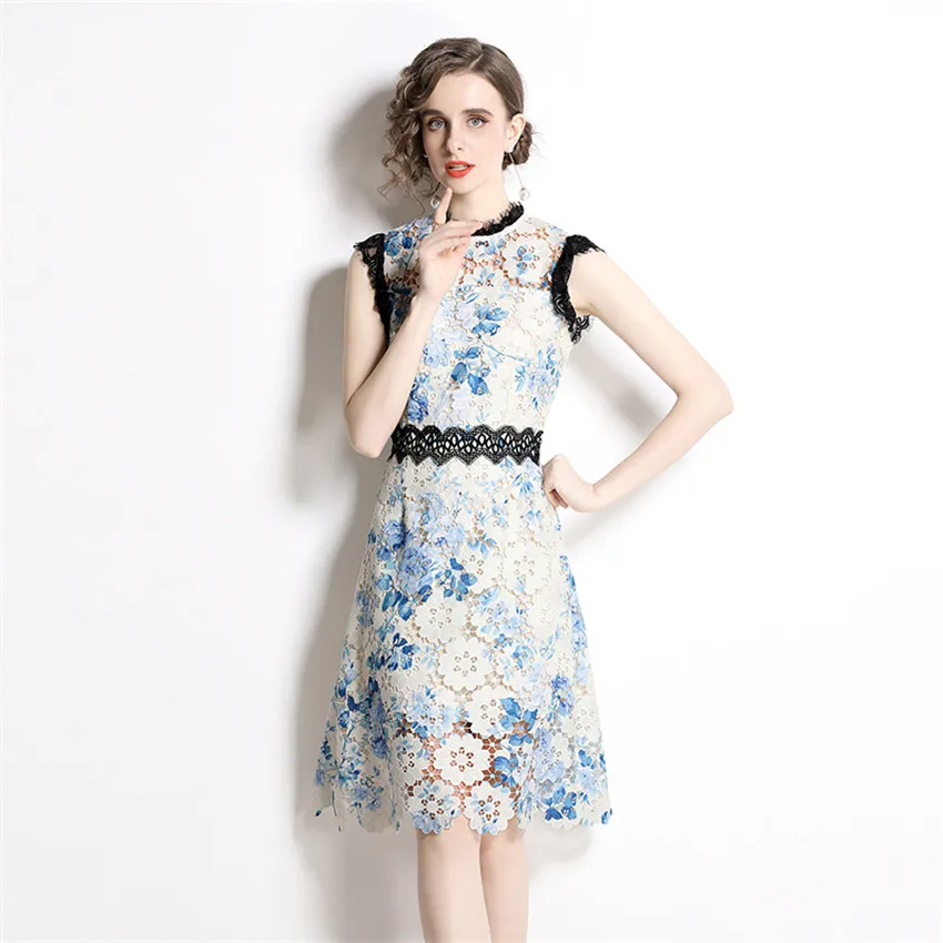 

European Fashion Floral Print Elegant Dress Women Sleeveless Sundress High Quality Designer Runway Dress Ladies Lace Dresses