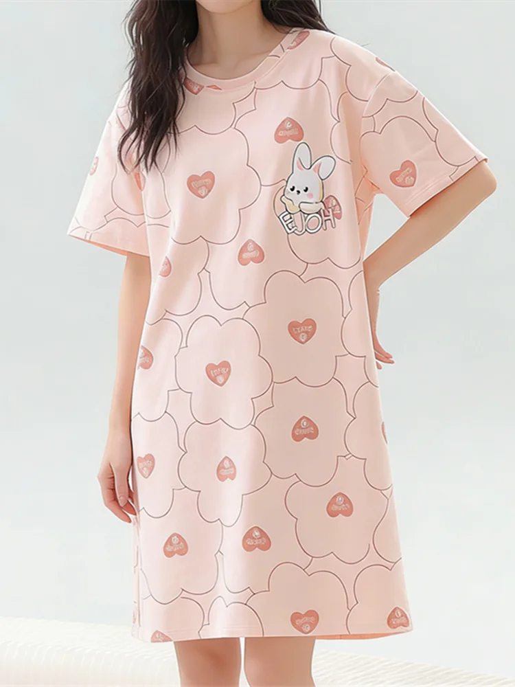 Sommerliches, dünnes, kurzärmeliges, lockeres Damen-Nachthemd mit Cartoon-Motiv, Übergröße, bequeme Hauskleidung, Freizeitkleidung, Rundhals-Pullover – Detail 6