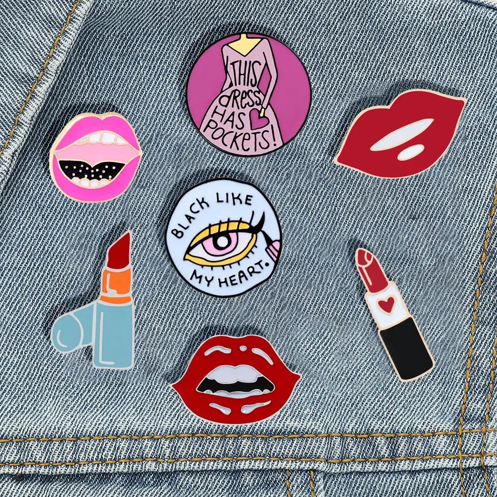 

Icon Enamel Pins Women Sexy Red Lips Charming Eyelashes Brooches Lipstick Lapel Pin Female Glamour Symbol Badges Jewelry