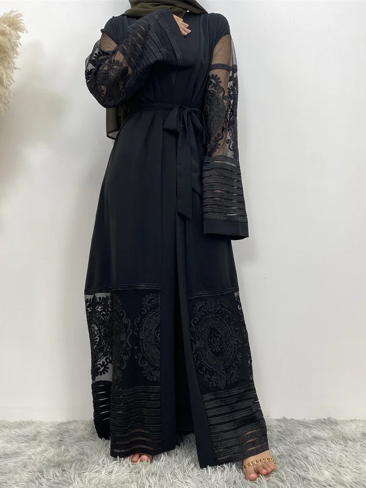Eid 기모노 Mujer 아바야 여성 터키 이슬람 아랍어 무슬림 꽃 자수 가디건, 의류 로브 슈미즈 팜므