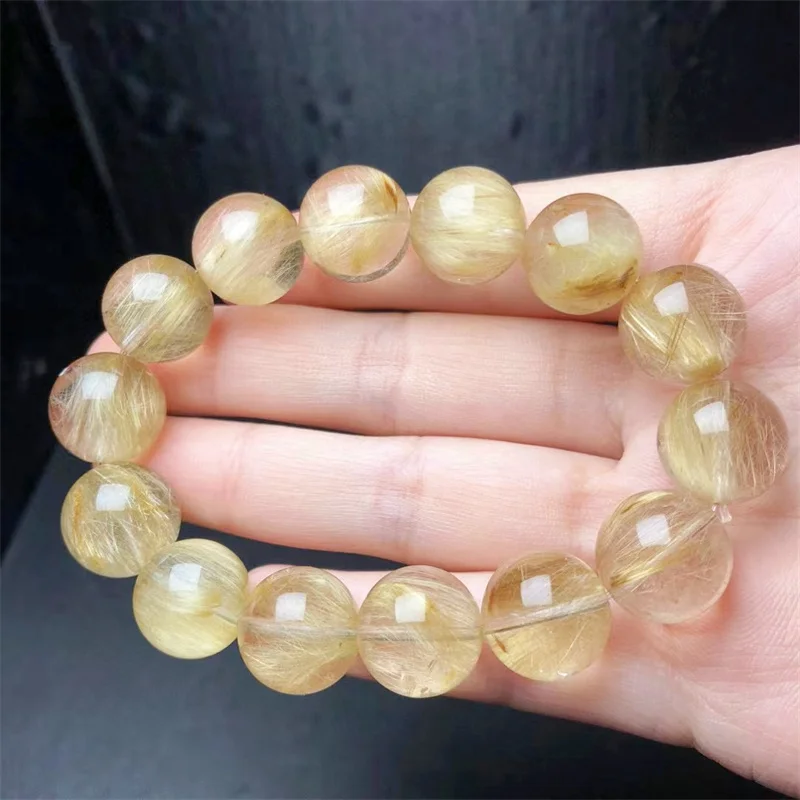 

14.5MM Natural Gold Rutilated Quartz Bracelet Brazil 7mm Woman Men Best Gift Clear Round Beads Jewelry