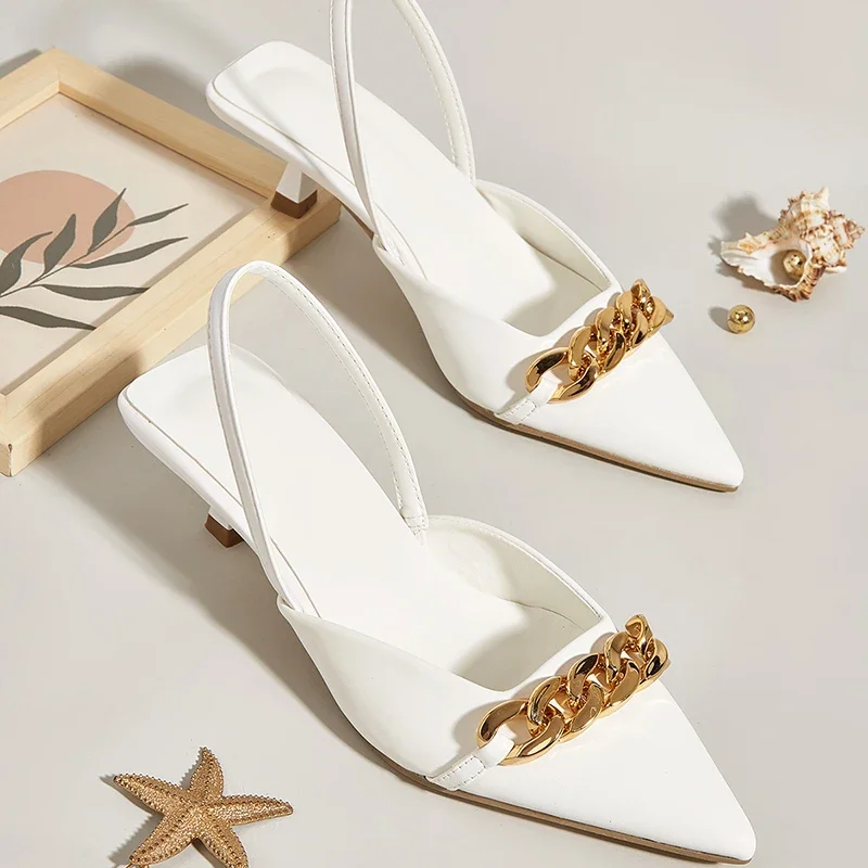 Women High Heels Shoes 3cm High Heels Chain Slingback Mules Low Heel Luxury Slides Wedding Shoes