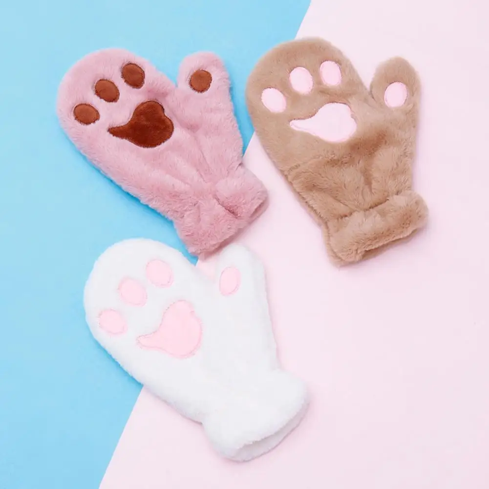 1 Pair Women Winter Mittens Cartoon Cat Paw Shape Thick Plush Gloves Heat Retention Outdoor Skiing Cycling Gloves