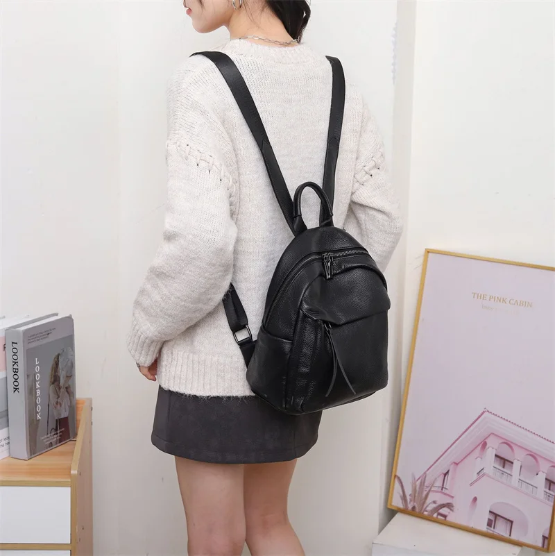 Kleine Frauen Echtes Kuh Leder Rucksack Casual Damen Reise Echtes Leder Schulter Tasche Anti-diebstahl Mädchen Rindsleder Schule Bagpack – Detail 2