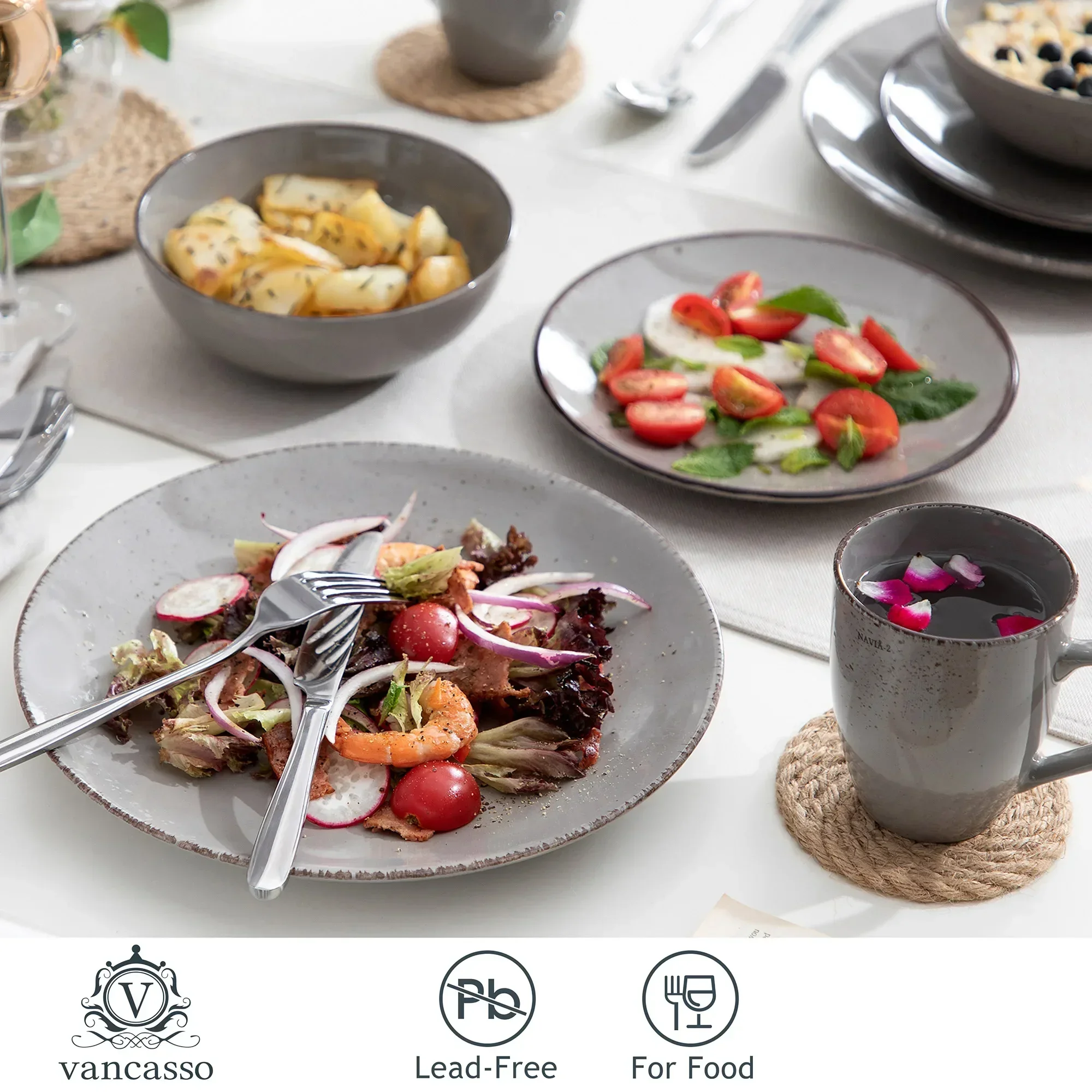 Navia Grey 16/32/48-Piece Stoneware Ceramic Dinnerware Set Dinner with Plate Dessert 800ml Plate Bowl Mug Set Tableware