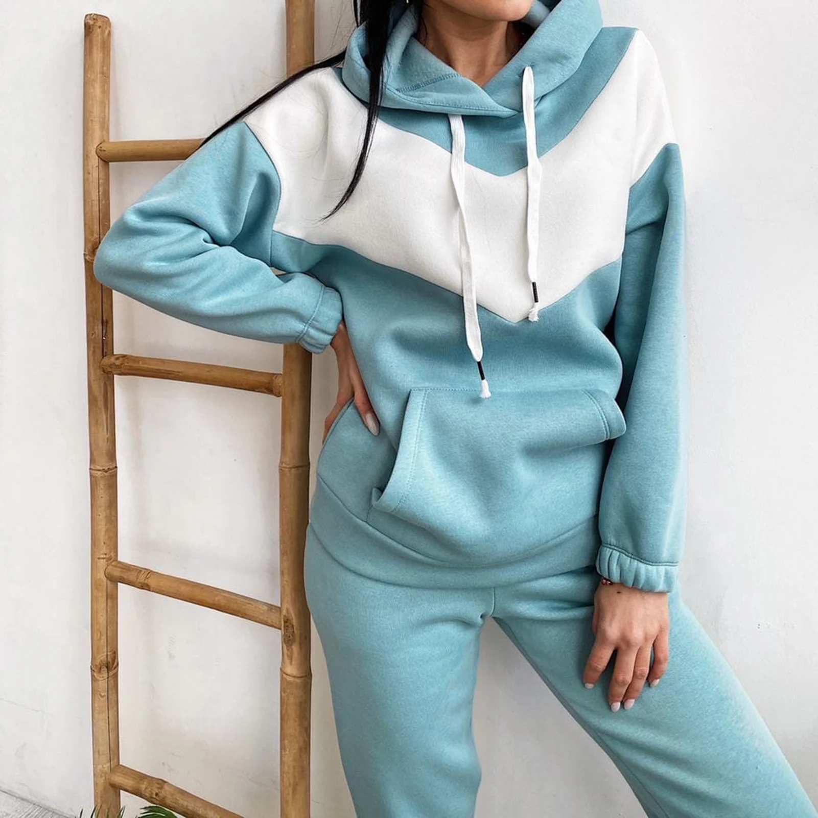 1 Set Stylish Tracksuit Hooded Drawstring Sweatshirt Pockets Pants Set for Running Sport Outfit Sports Suit sports suit