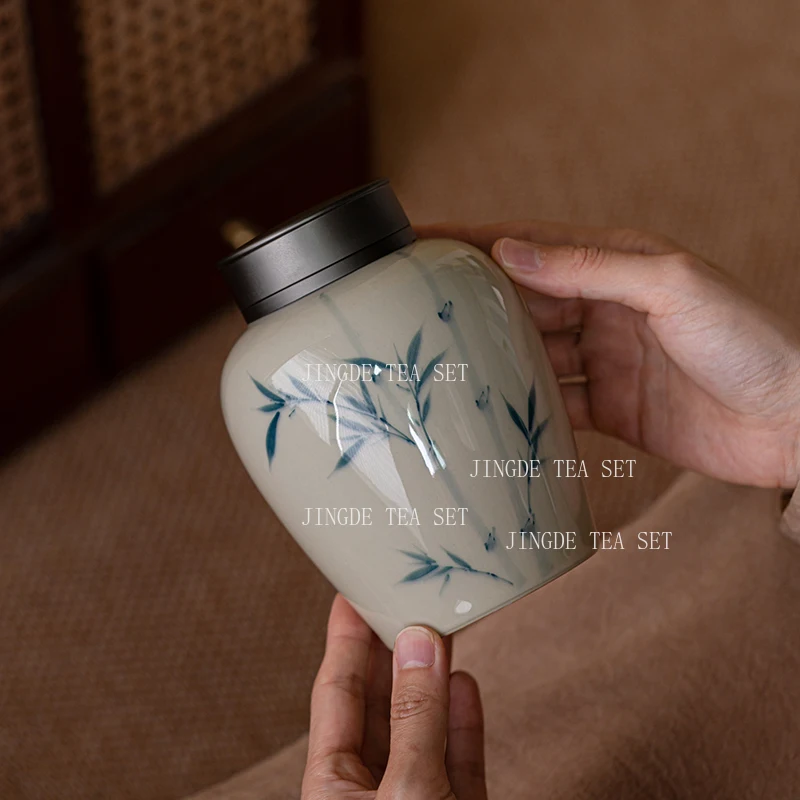550ml Hand Drawn Orchid Ceramic Tea Sealed Jar with Grass and Ash Chinese Style Tin Lid Moisture-proof Large Storage Jar