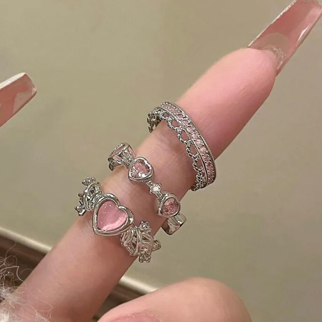 2PCS Fairy Sparkling Crown Rings for Women Teen Crystal Korean Adjustable Silvery Anniversary Gift Party Queen Ring Set Jewelry 3
