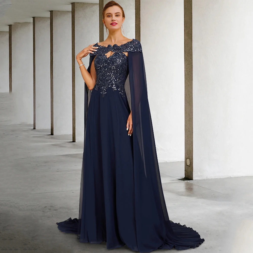 Navy Blue Mother of The Bride Dress with Chiffon Cape Sparkling Sequin Applique A Line Wedding Guest Dresses Evening Gown