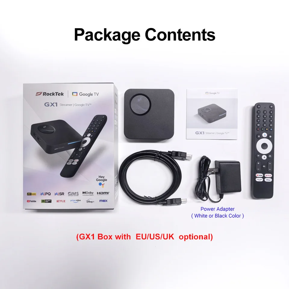 RockTek GX1 UHD Google TV 12 박스 Netflix Google 인증 4GB 32G Realtek1325 지원  Dolby Atmos 2T2R Wifi6 BT5.2 Android TVBox - AliExpress
