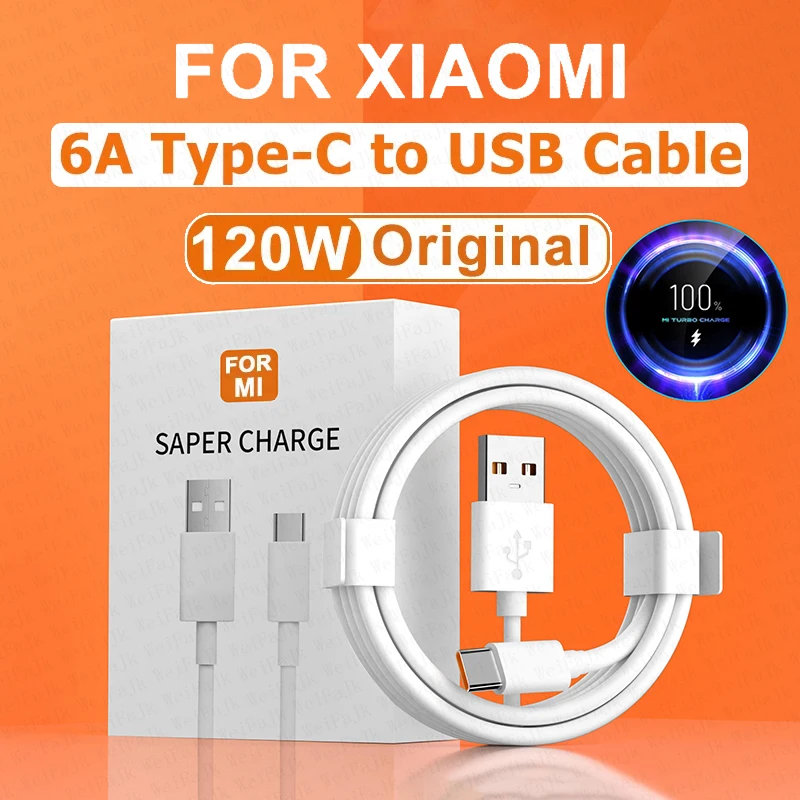 

Original 120W 6A USB Type C Quick Charge Cable For Xiaomi Mi 14 13 Ultra Redmi Note 12 Samsung Realme Huawei Fast Charging Cable