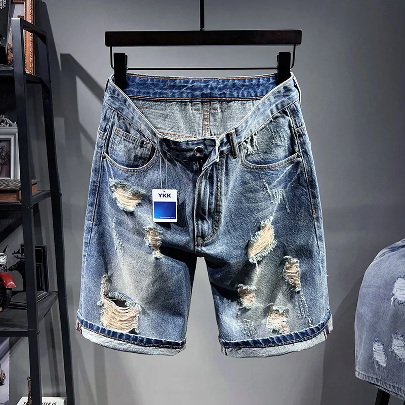 MensRippedDenimShorts140KGPlusSize424448BlackHoles