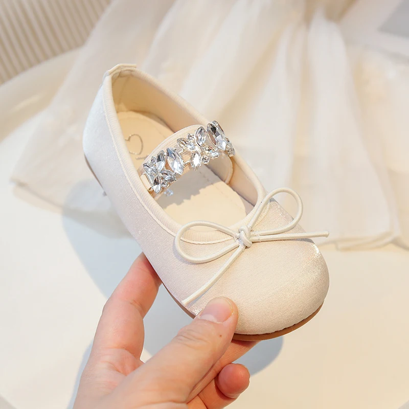 Girl Princess Shoes Purple Beige Crystal Elegant Spring Ballet Flats Bowtie Elastic Band Round Toe 23-34
