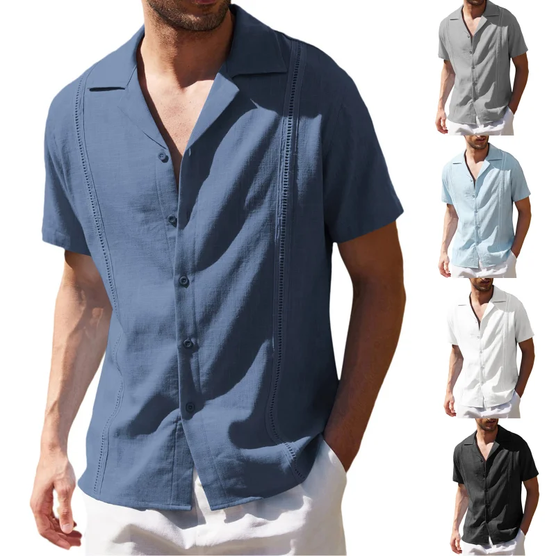 Men's Loose Fitting Casual Linen Shirt Short Sleeved Beach Shirt Men's European and American Fashion Trend