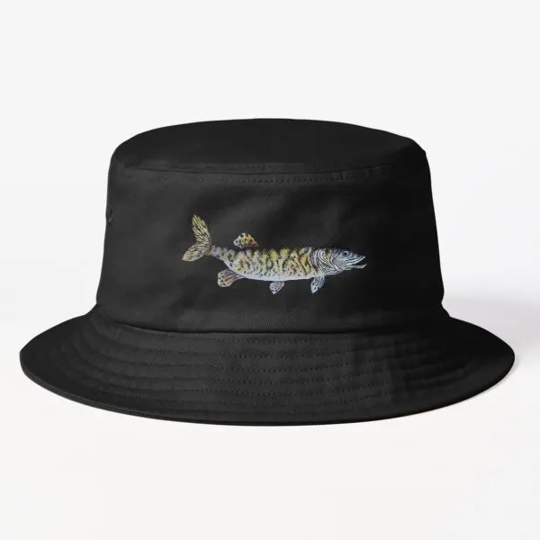 

Musky Fish Illustration Olive Green Bu Bucket Hat Sport Cheapu Spring Casual Fashion Fish Black Fishermen Outdoor Mens Sun
