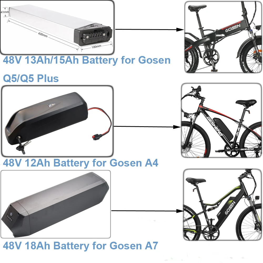 E-Bike Battery 48V 12Ah 13Ah 15Ah 18Ah Lithium Electric Bike Battery for Gosen A4 A6 A7 A8 Q3 Q5 Plus Q7 Ebike
