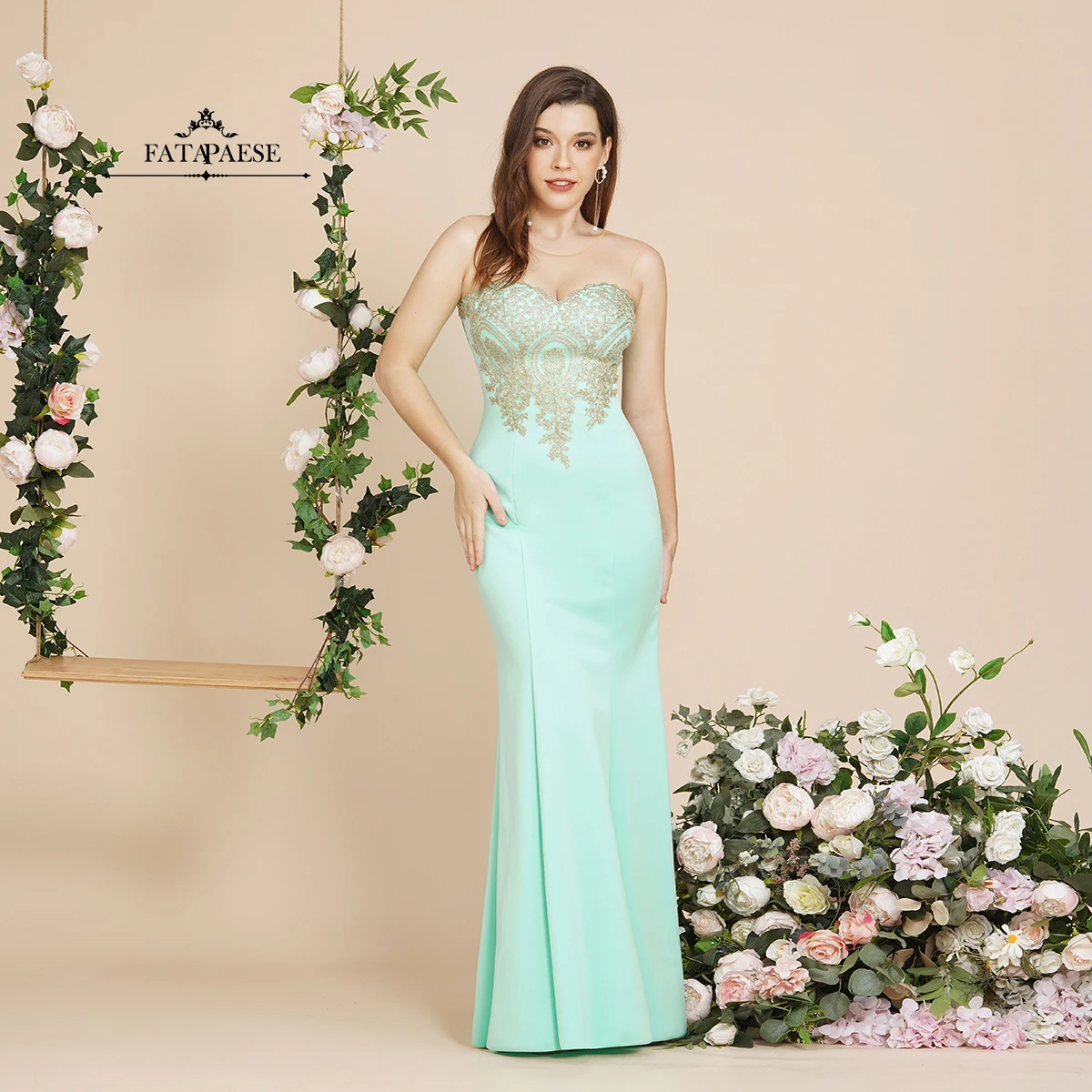 

FATAPAESESheer Gold Applique Mint Green Elagant Mermaid Bridesmaid Dresses Long Maxi Sweetheart Gown Wedding Party Dress Prom