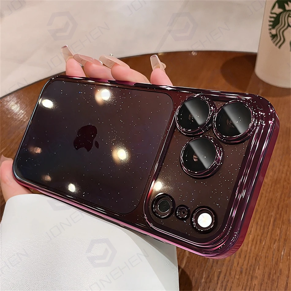 Luxury Transparent Glitter Clear Slim Case with Orange Pating Bumper and Lens Glass Hard Cover