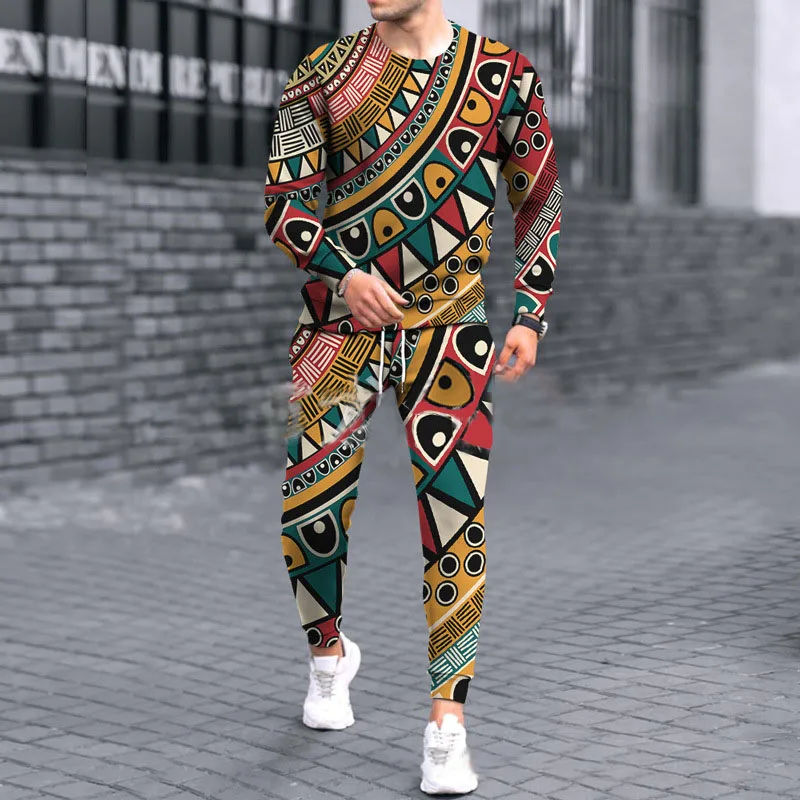 Men's Tracksuit Casual 2 Piece Long Sleeve T-Shirt+Trousers Suit Fashion Outfits Colorful Daily Wear Set Oversized Clothing