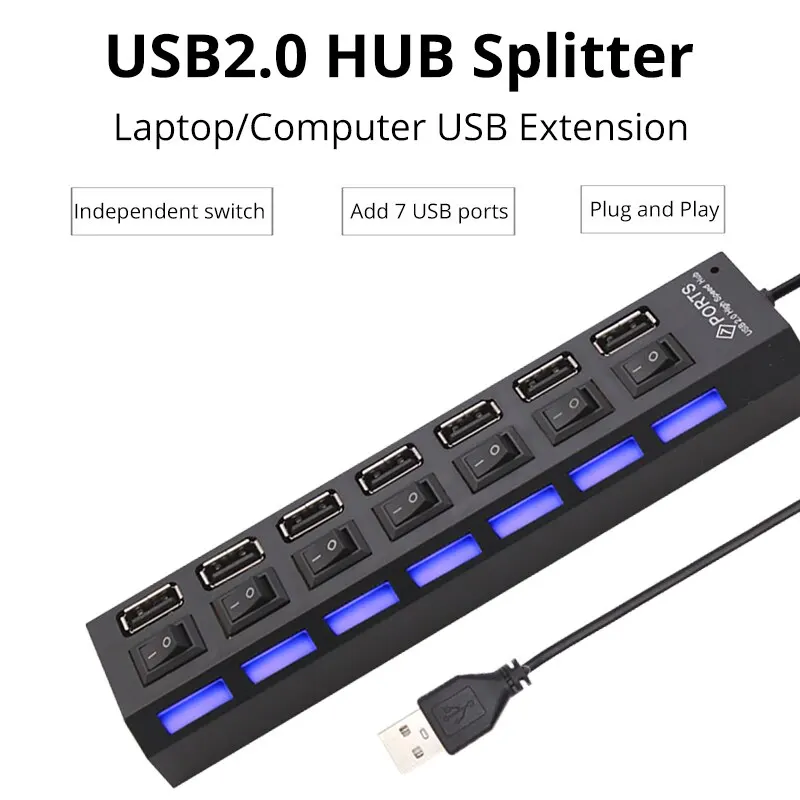 Switch Extension Hub 7-port USB2.0 Hub Computer USB Extension One Drag Seven USB2.0 Splitter PC Laptop Desktop usb hub