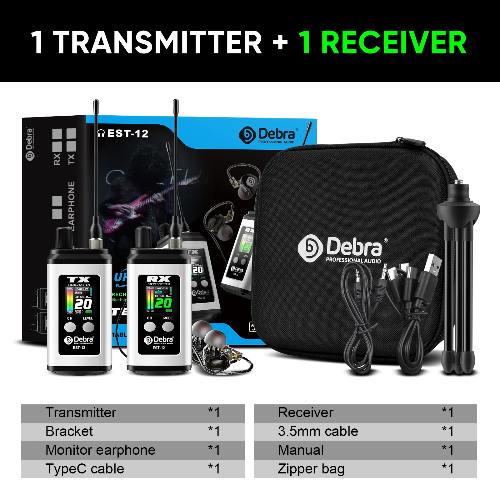 Debra EST-12 Stereo UHF Wireless In-Ear Monitor System Dual-channel Portable Rec