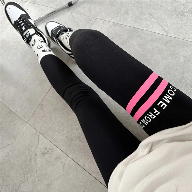 2023 봄/가을 신상 코튼 핑크 스트라이프 글자 그린 스트라이프 코튼 스트레치 아우터 웨어 학생용 슬림핏 카프리 레깅스, 여성용 